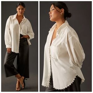 Anthropologie White Button Down Shirt with Pearl Trim